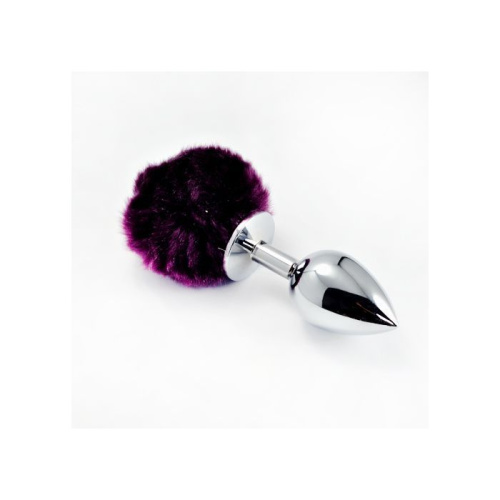 LoveToy Large Silver Plug+Pompon Purple - Велика срібляста анальна пробка з пухнастим хвостом, 17х4 см (фіолетовий)