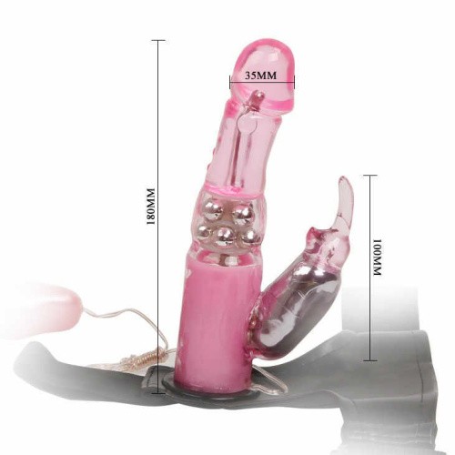 Vibrator with pearls + bunny Pink - Страпон з пультом, 18х3.5 см