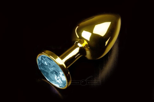 Пикантные Штучки - Малая золотистая анальная пробка с кристаллом, 7,5х2,5 см (бледно-голубой) - sex-shop.ua