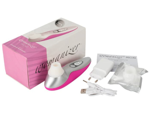 Womanizer Pro40 - Вакуумный стимулятор клитора, 16х4.5 см (белый с малиновым) - sex-shop.ua
