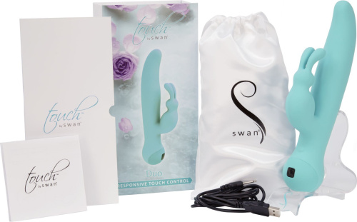 Swan Touch Duo Teal - вибратор-кролик с сенсорным управлением и ротацией, 14х3.8 см (голубой) - sex-shop.ua
