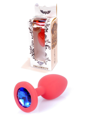 Boss Silikon Plug Jewellery Red Small - Анальна пробка із кристалом, 7х2.7 см (червоний з синім)