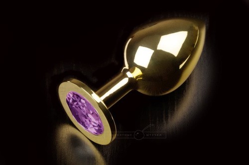 Пикантные Штучки - Большая золотистая анальная пробка с кристаллом, 9х4 см (фиолетовый) - sex-shop.ua