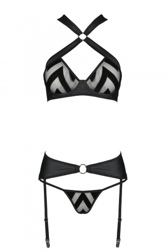 Passion Hima Set - Сетчатый набор с узором: бюстгальтер с халтером, трусики и пояс для чулок, S/M (чёрный)