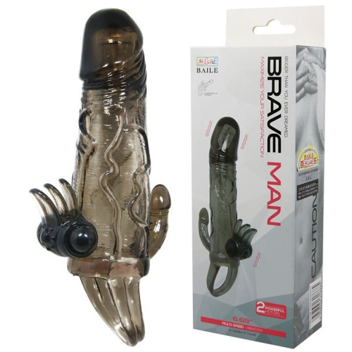 LyBaile Brave Men Vibro Penis Sleeve Black - Удлиняющая насадка с вибрацией, 14.7х3.7 см