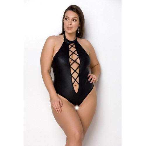 Passion Nancy Body - Боди из эко-кожи с имитацией шнуровки и открытым доступом, 4XL/5XL