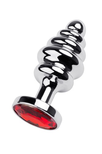 Toyfa Metal Silver anal plug - серебристая ребристая анальная пробка с кристаллом, 8х3.5 см (красный)
