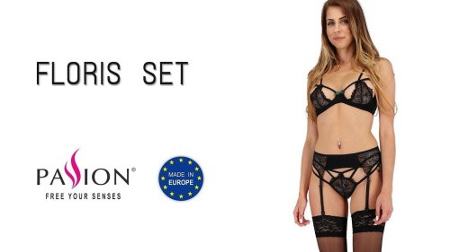 Passion Exclusive Floris Set - Комплект білизни: ліф, трусики, пояс для панчіх, S/M (чорний) - купити в Україні | Секс шоп SEX-SHOP.ua