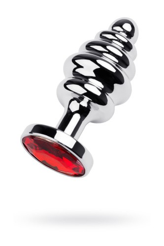 Toyfa Metal Silver anal plug - серебристая ребристая анальная пробка с кристаллом, 8х3.5 см (красный)