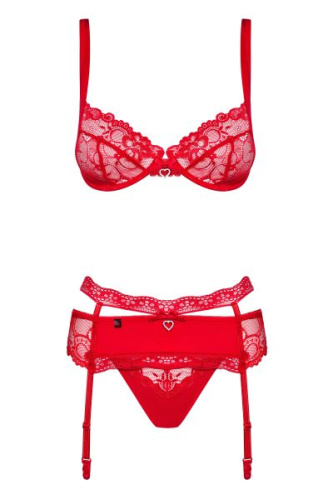 Obsessive Heartina set - эротический комплект бюстгальтер, стринги и пояс для чулок, L/XL (красный)
