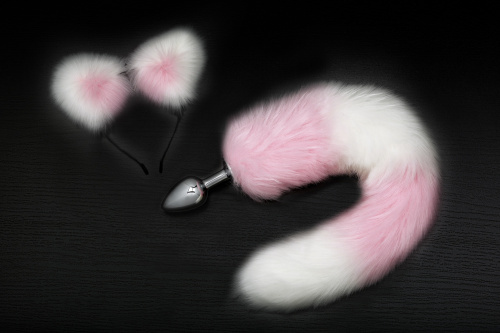 Пикантные Штучки - анальная пробка с хвостиком и ушками в комплекте, 7х2.8 см (белый с светло-розовым) - sex-shop.ua