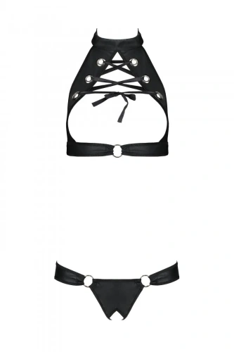 Passion Malwia Set - Комплект: відкритий топ та трусики з еко-шкіри з люверсами, L/XL (чорний)