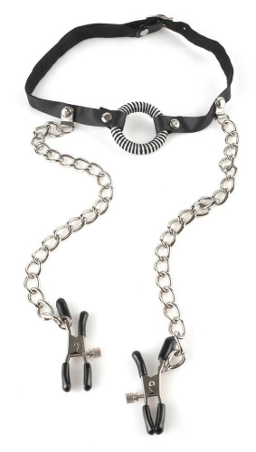 O-Ring Gag with Nipple Clamps - Кляп-кольцо с зажимами для сосков (чёрный) - sex-shop.ua