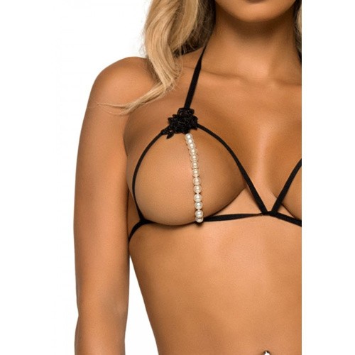 Leg Avenue-Open cup bra and pearl panty Black - Открытый комплект белья, OS