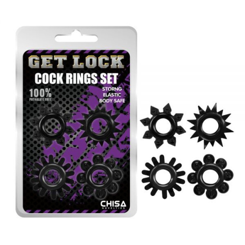 Get Lock Cock Rings Set Black - Набір ерекційних кілець 4 шт, 3 см (чорний)