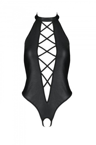 Passion Nancy Body боди из эко-кожи с имитацией шнуровки и открытым доступом, S/M (чёрный)