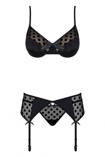 Obsessive Dotina set - эротический комплект бюстгальтер, стринги и пояс для чулок, L/XL (чёрный)