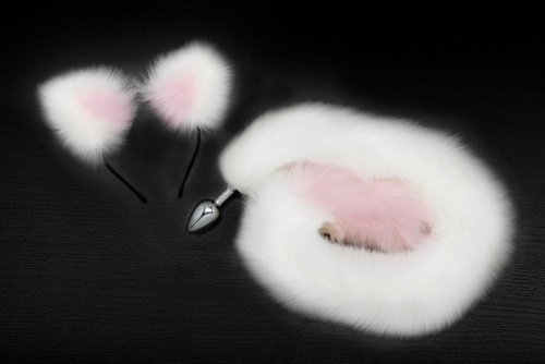 Пикантные Штучки - анальная пробка с длинным хвостиком и ушками в комплекте, 7х2,8 см (белый с розовым) - sex-shop.ua