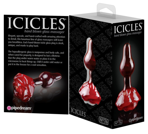 Pipedream Icicles N 76 - стеклянная анальна пробка с розой в основании, 6,1х3 см (красный)