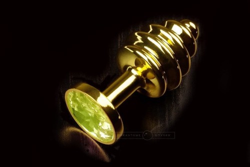 Пікантні Штучки - Кручена золотиста анальна пробка з кристалом мала, 7,5х2,7 см (зелений)
