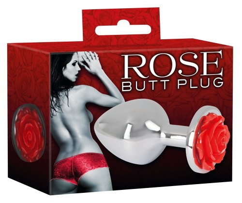 Orion Rose Butt Plug - Анальна пробка з трояндою в основі, 9х3.4 см (сріблястий з червоним)
