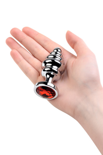 Metal By Toyfa - серебристая анальная пробка с гладкими валами и камнем, 8х3.5 см (красный)