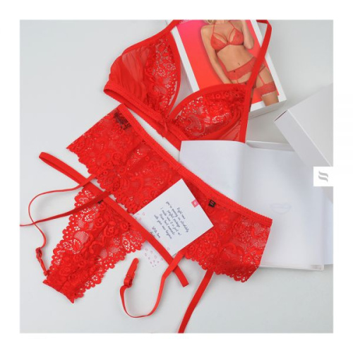 Obsessive 838-SEG-3 set - кружевной комплект с поясом для чулок, L/XL (красный)