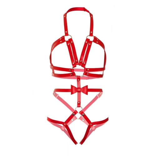 Leg Avenue - Studded O-ring harness teddy - Cексуальная красная портупея, L - sex-shop.ua