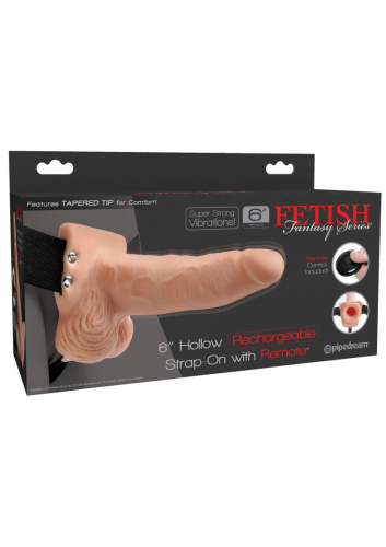 Fetish Fantasy 6 Hollow Rechargeable Strap-on with Balls - Полый вибрострапон на трусиках с пультом ДУ, 15х5 см - sex-shop.ua