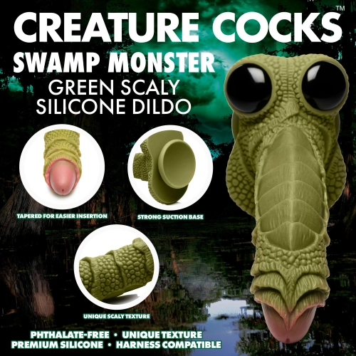 Creature Cocks Swamp Monster Green Scaly Silicone Dildo - фантазийный фаллоимитатор, 23.9х5 см (зелёный) - sex-shop.ua