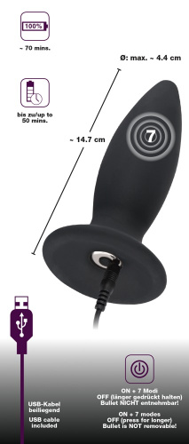 Orion Black Velvets Recharge Plug L - Анальная пробка с вибрацией, 14,7х4,4 см (черный)