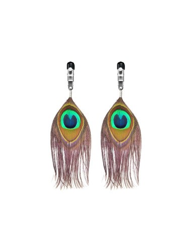 Bondage Fetish Nipple Clamp With Peacock Feather Trim - Зажимы для сосков с перышками