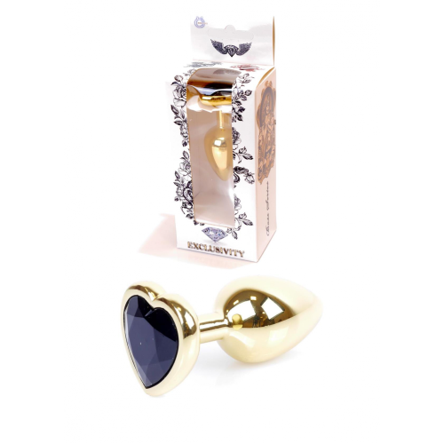 Boss Jewellery Gold Heart Plug Black - Анальная пробка с кристаллом, 7х2,7 см (черный)