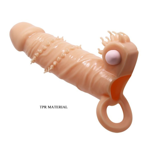 LyBaile Penis extended Sleeve Connor Flesh Vibro - вибронасадка для увеличения члена с клиторальным стимулятором, +4 см (телесный)
