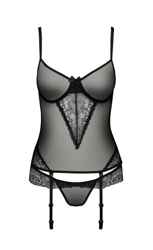 Passion Exclusive Velia corset полупрозрачный корсет с пажами и трусики, S/M (чёрный)