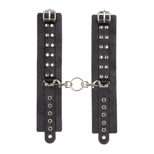 sLash Leather Rastraints Hand Cuffs - кожаные БДСМ наручники с двумя рядами заклёпок, 25 см (чёрный) - sex-shop.ua