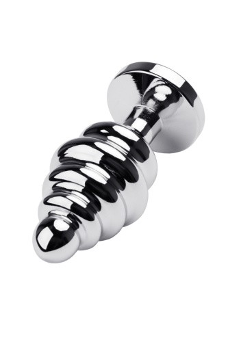 Toyfa Metal Silver anal plug - серебристая ребристая анальная пробка с кристаллом, 8х3.5 см (красный)