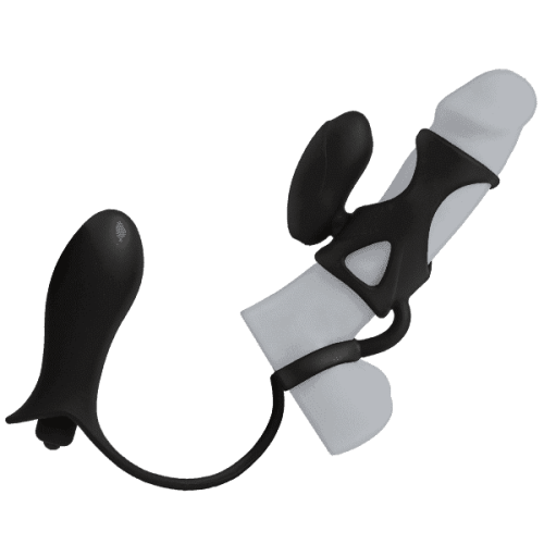 Seven Creations Vibrо Cock Cage Dual Bullets - насадка + анальный плаг, (черный)