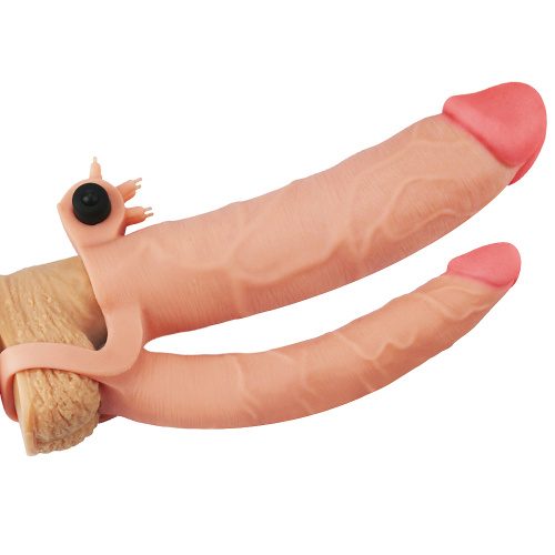 Pleasure X-Tender Vibrating Double Penis Sleeve Flesh Add 3"  - Двойная насадка на пенис с вибрацие, 21 см (телесный)