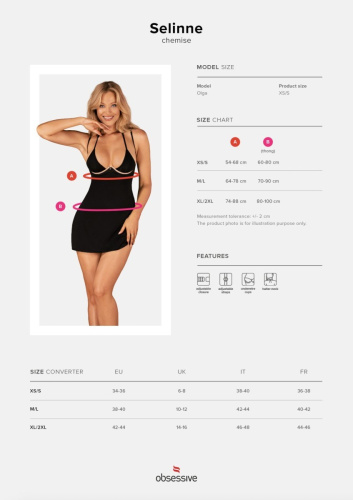 Obsessive Selinne chemise & thong - эротическая сорочка и стринги, XS/S (чёрный)