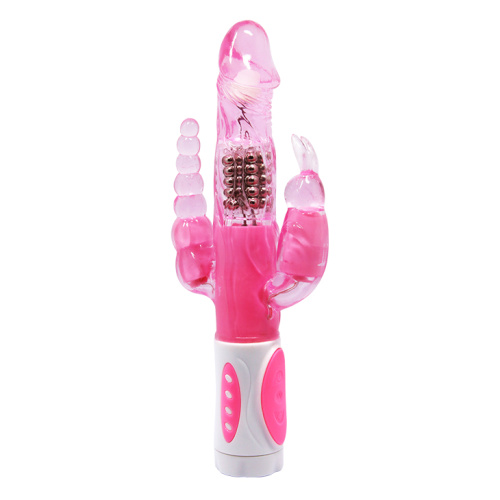 LyBaile - Pretty Bunny Vibrator - Triple Pleasure - Анально-вагинальный вибратор с клиторальным отростком, 22.3х3.2 см (розовый) - sex-shop.ua