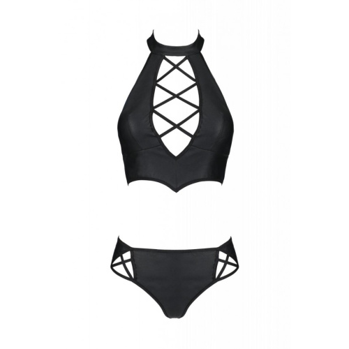 Passion Nancy Bikini - Комплект из эко-кожи: бра и трусики с имитацией шнуровки, 6XL/7XL (чёрный) - sex-shop.ua