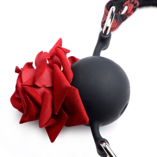 Master Series - Кляп силиконовый с розой, 4,3 см (черный с красным) - sex-shop.ua