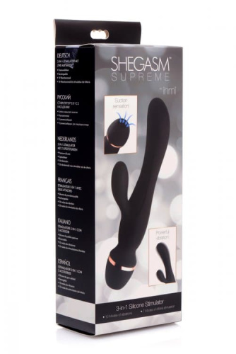 Shegasm Supreme 3 in 1 Silicone Suction Rabbit Vibe - Вибратор-кролик с вакуумной стимуляцией, 22.2х3.8 см (чёрный)
