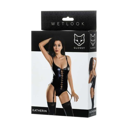 Toyfa Glossy - Боди из материала Wetlook со шнуровкой, L (чёрный)