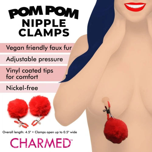 Charmed Pom Pom Nipple Clamps RED - Затискачі на соски (червоний)