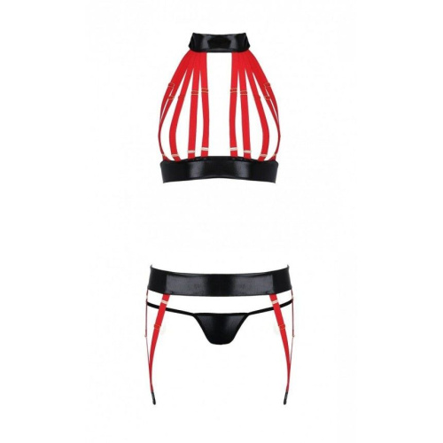 Passion Aziza set - - Сексуальний комплект білизни: бюст, стрінги та пояс для панчіх, S/M (червоний з червоним)