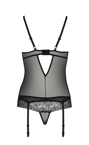 Passion Exclusive Velia corset полупрозрачный корсет с пажами и трусики, S/M (чёрный)