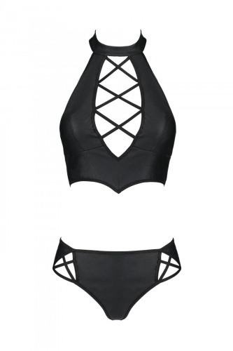 Passion Nancy Bikini - Комплект з еко-шкіри: бра та трусики з імітацією шнурівки, S/M (чорний)