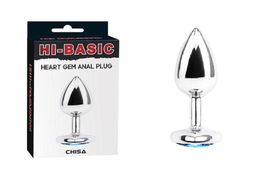 Chisa Hi-Basic Blue Gem Anal Plug - Анальная пробка металлическая с кристаллом в форме сердца, 7.1х2.8 см (серебристый с голубым) - sex-shop.ua